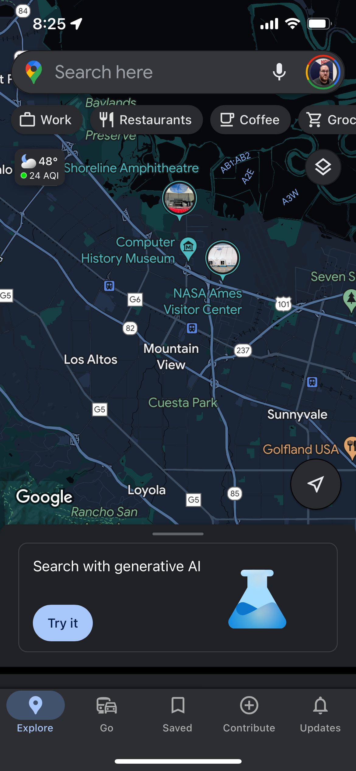 Google Maps with a quarter of the screen covered with a “search with generative ai” prompt. 