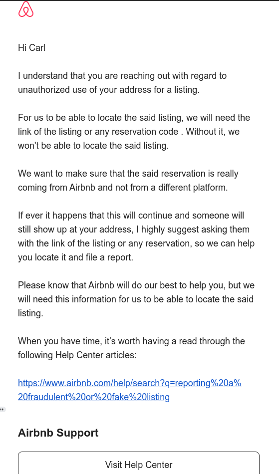 Screenshot of email below asking for confirmation code and to verify it's an Airbnb listing.