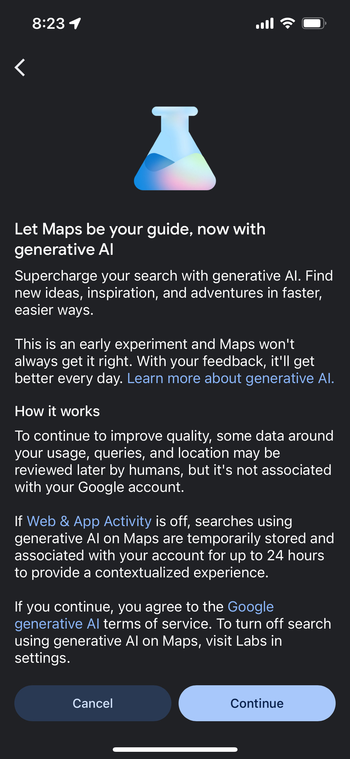 Google Maps saying the generative ai search may not always get it right. 