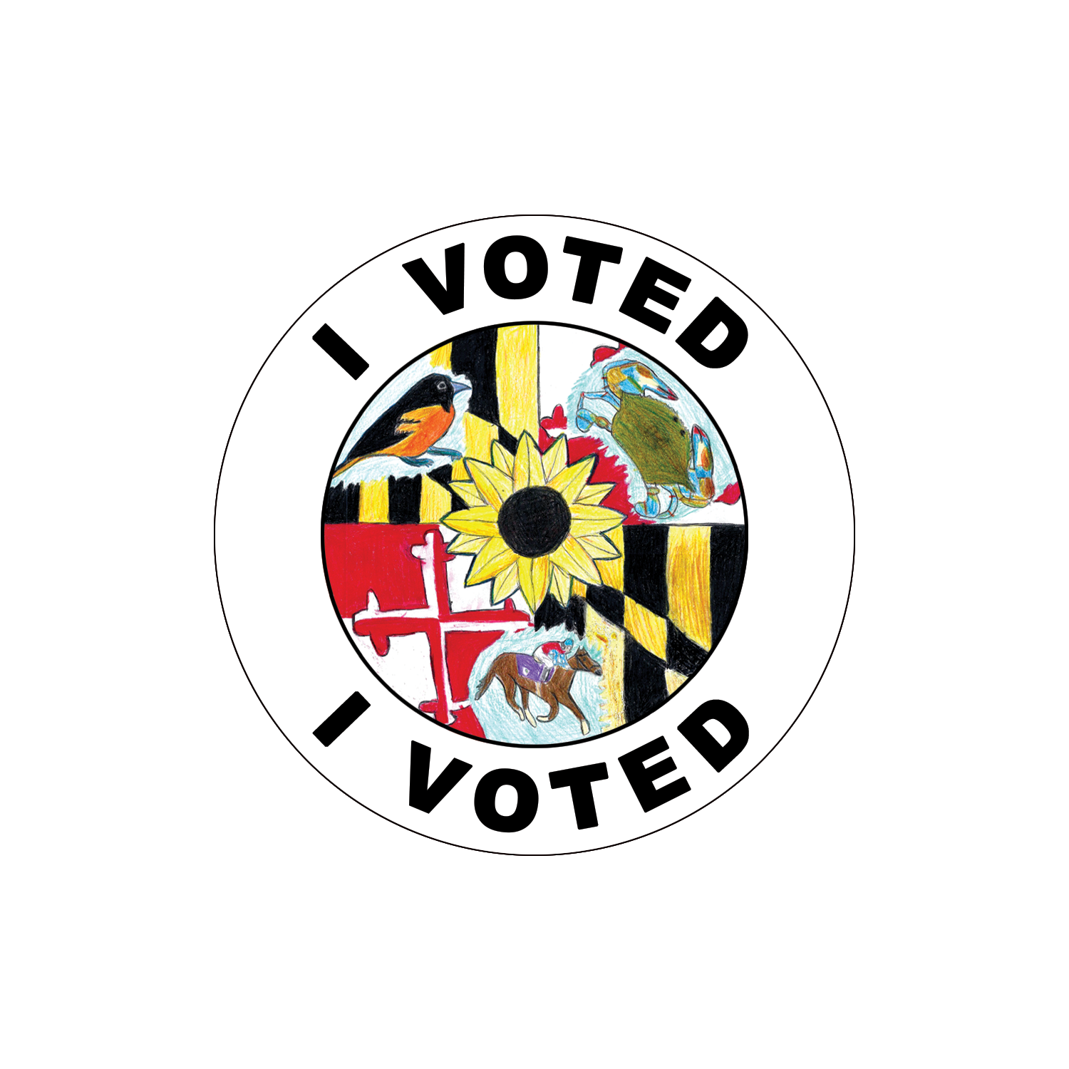 I voted sticker from Maryland with an Oriole bird, blue crab, jockey on horseback surrounding a flower in the middle with parts of the Maryland state flag between the animals.