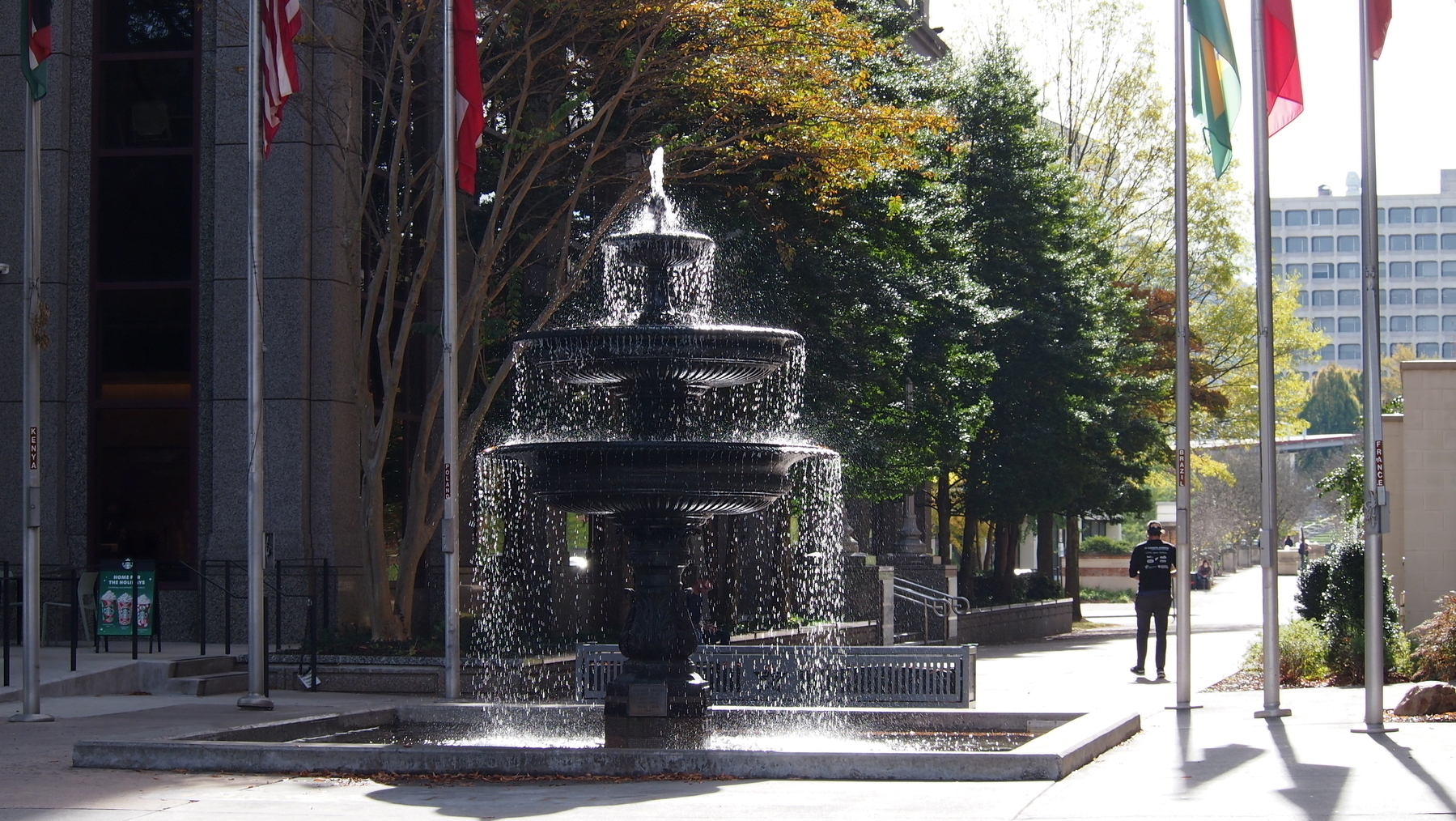 A tiered fountain cascades water, surrounded by flagpoles, trees, and a person walking in Roanoke, VA. 