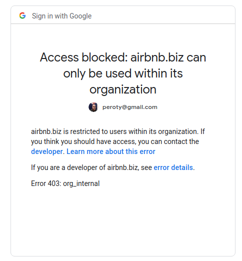 google login page stating: Access blocked: airbnb.biz can only be used within its organization
