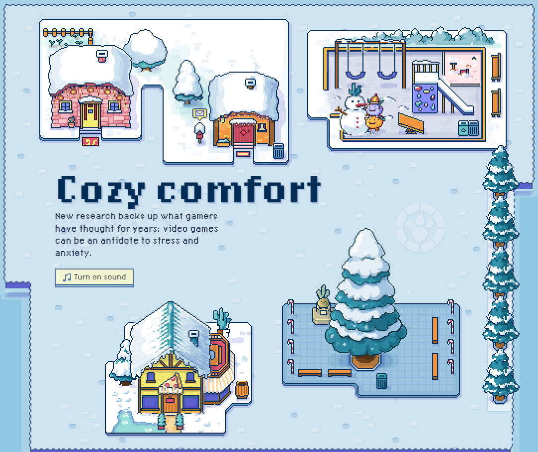 Screenshot of pixel art and the title and subhead of Cozy comfort. New research backs up what gamers have thought for years: video games can be an antidote to stress and anxiety.