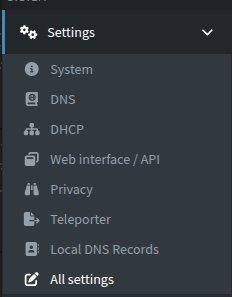 Auto-generated description: A dropdown menu displays options for settings such as System, DNS, DHCP, Web interface/API, Privacy, Teleporter, and Local DNS Records.