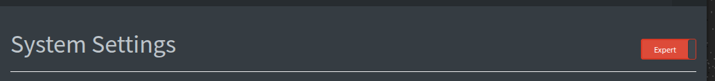 Auto-generated description: A dark interface displays the text System Settings on the left with a red Expert button on the right.