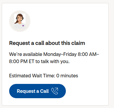 Screenshot of a web site showing request a call about this claim. With availability and 0 minute wait time.