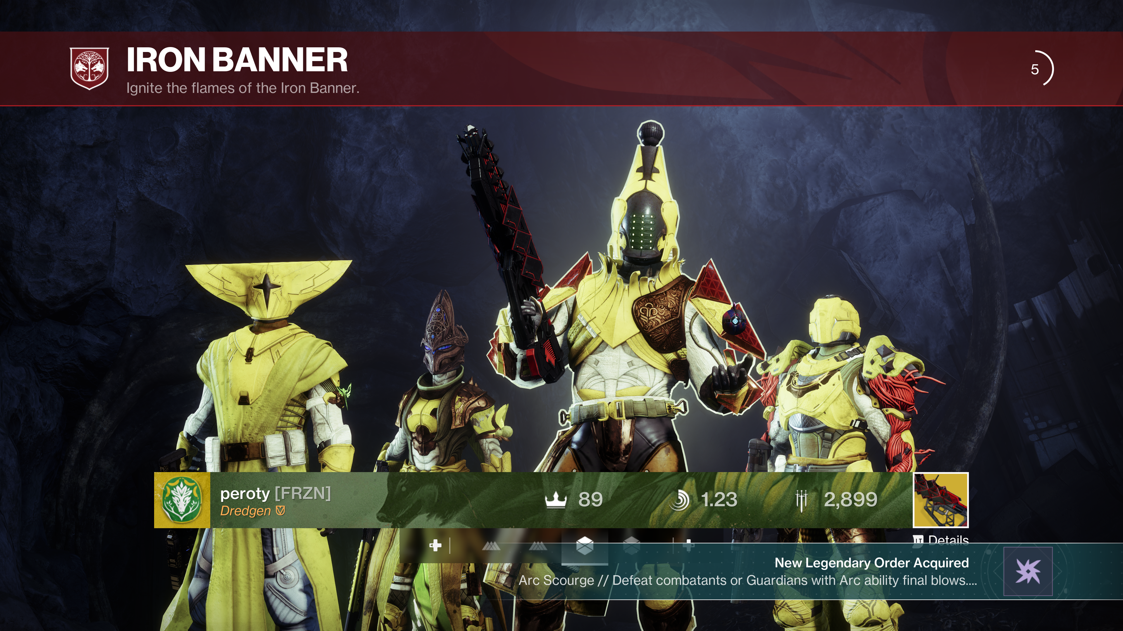 Four Destiny 2 characters stand together holding weapons, with banana yellow armor. Text: Iron Banner, Ignite the flames of the Iron Banner.
