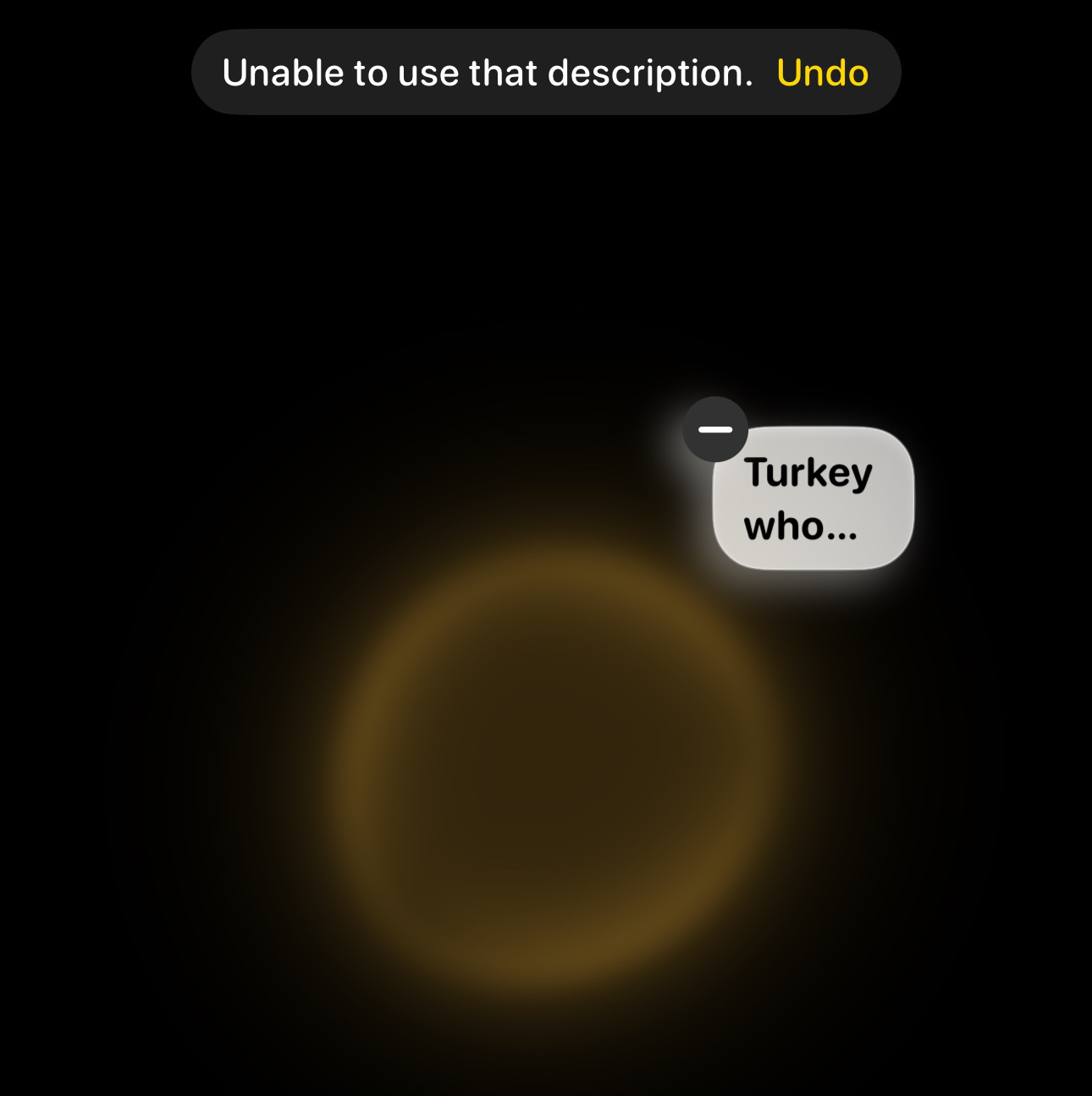 A dark background features a faint, glowing circular blur with a speech bubble containing the text "Turkey who..." in Image Playgrounds in iOS 18.2.