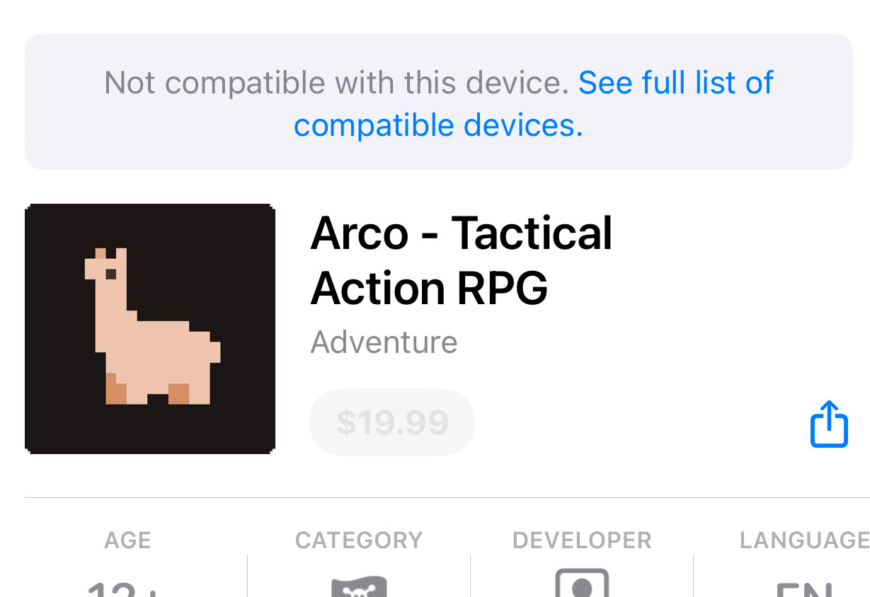 A pixel art llama icon represents the game "Arco - Tactical Action RPG," priced at $19.99 and marked as incompatible with the current device.