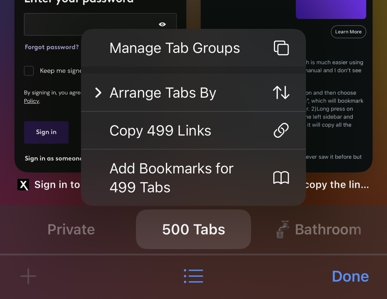 A screenshot shows an interface with options to manage and arrange tabs, copy 499 links, and add bookmarks for 499 tabs.