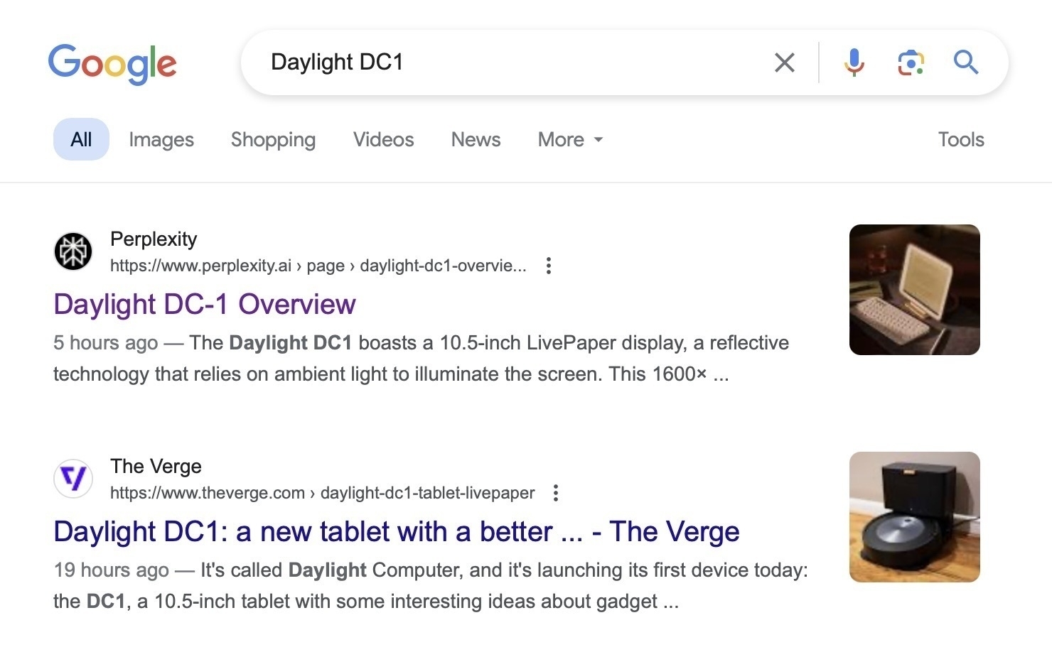 A screenshot of a google search showing really bad results for the daylight dc1 computer. 