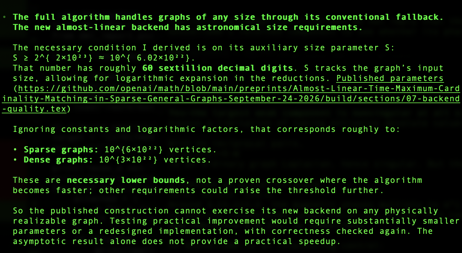 A dialogue with Codex analyzing the new algorithm from OpenAI. It reports it will need graphs with 1 followed by 30 sextillion zeros in order to work. 