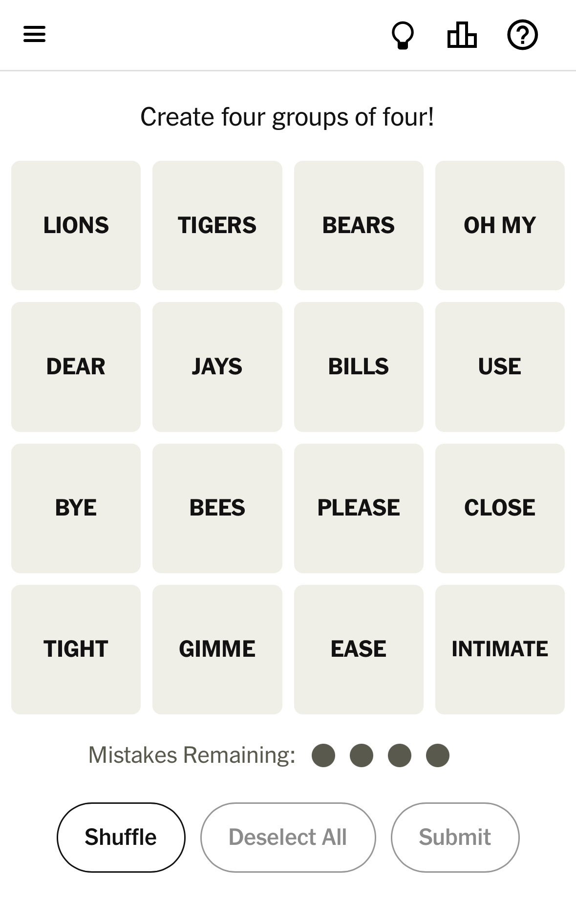 Screenshot of the starting screen for the 2024-12-24 Connections game, no selections made. The top row of words spells out “Lions”, “Tigers”, “Bears”, and “Oh My.”