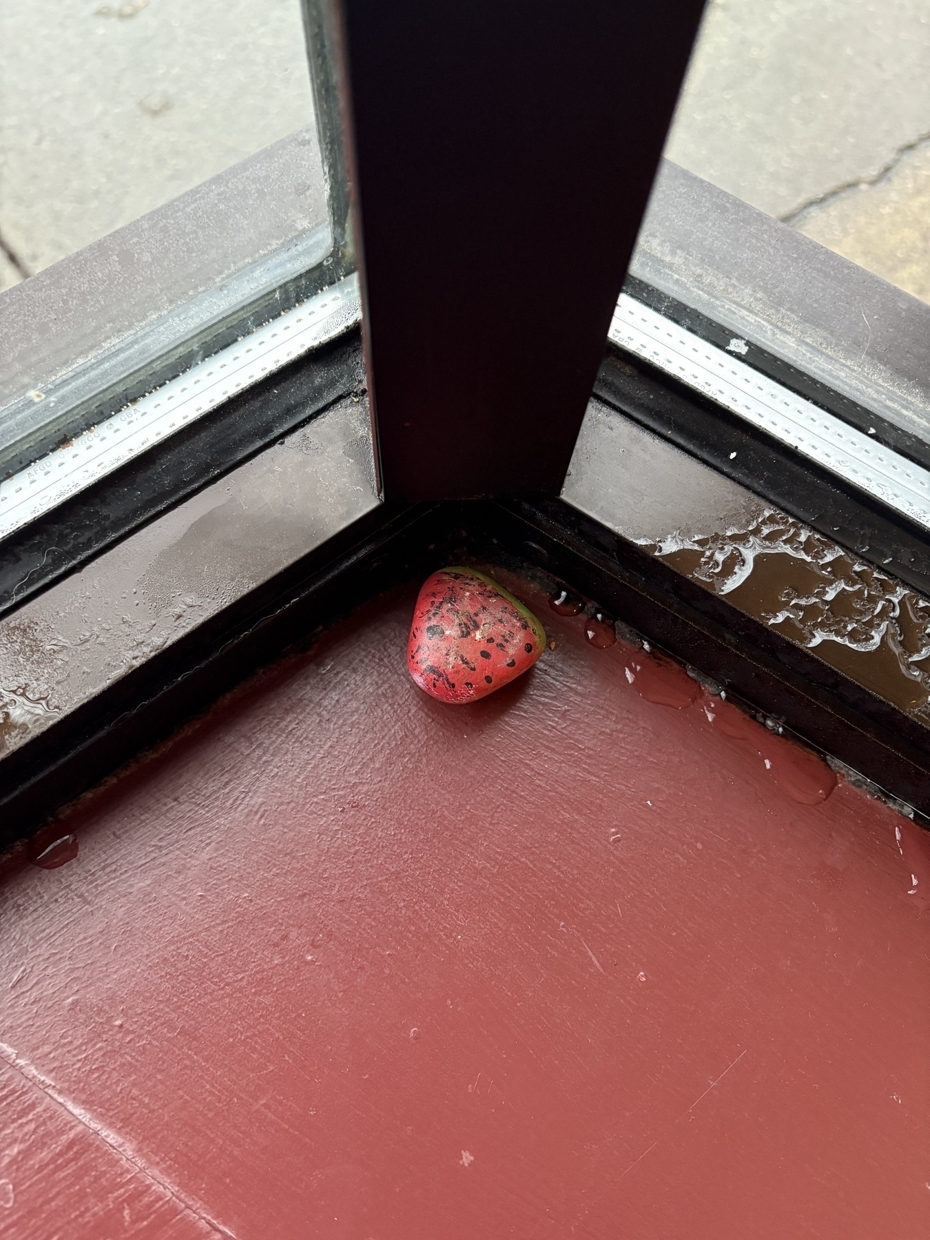 A stone painted to look like a strawberry is wedged in the corner of a window sill on a red ledge. 