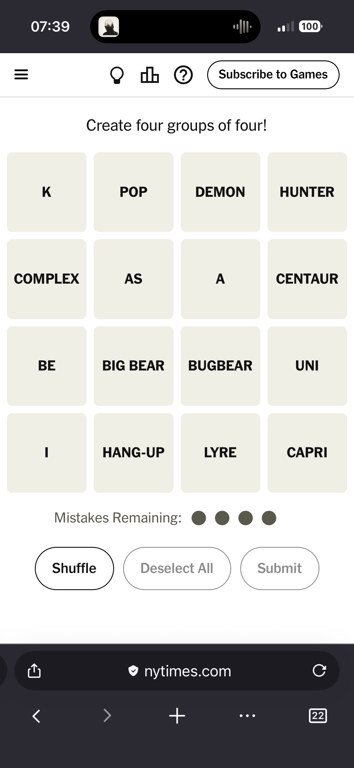 A just-opened Connections game on the NYTimes website. The tiles say, in four rows of four tiles, “K POP DEMON HUNTER”, “COMPLEX AS A CENTAUR”, “BE BIG BEAR BUGBEAR UNI”, and “I HANG-UP LYRE CAPRI”. “Big Bear” is on one tile.