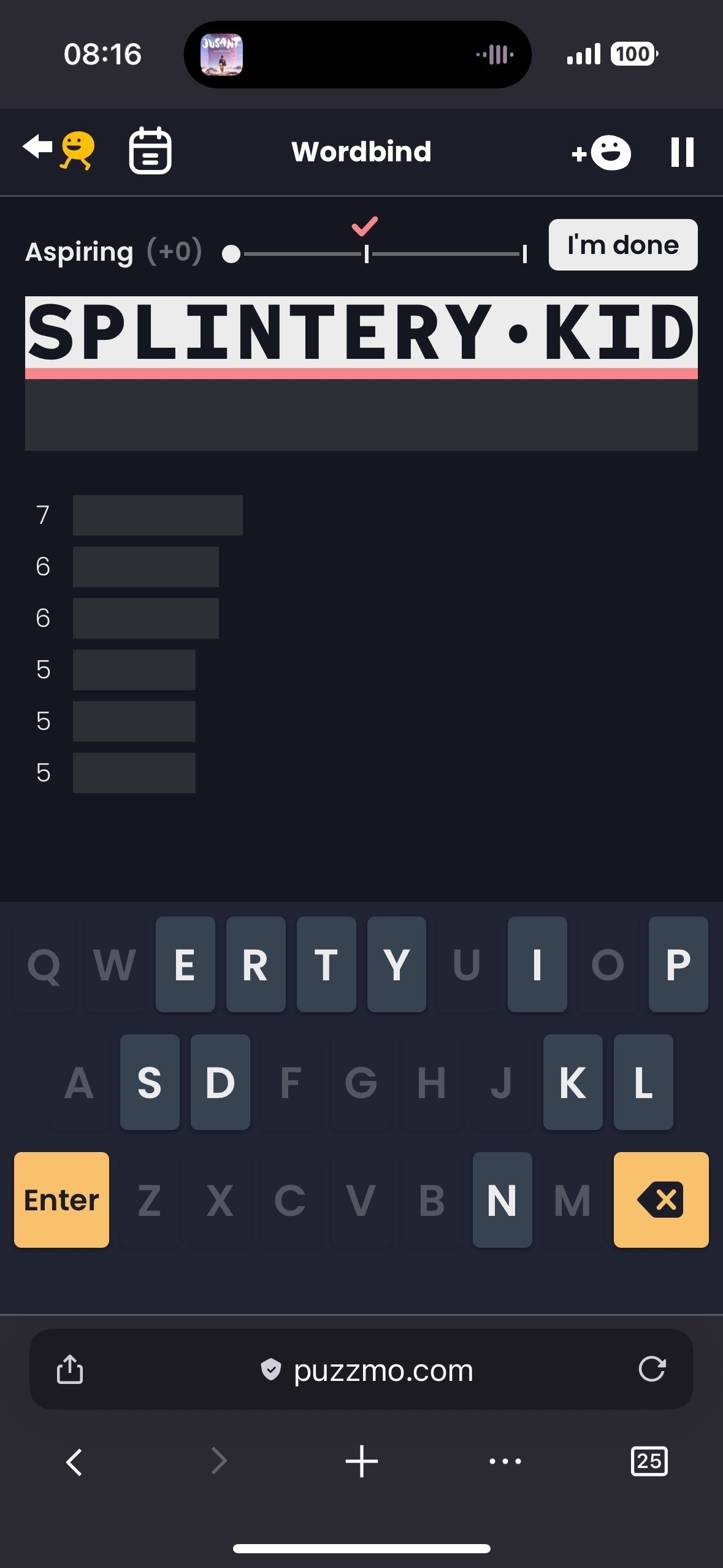 The game “Wordbind” for August 6, 2025 is displayed on the Puzzmo mobile website, with no answers and a keyboard. The source words are “SPLINTERY” and “KID”.