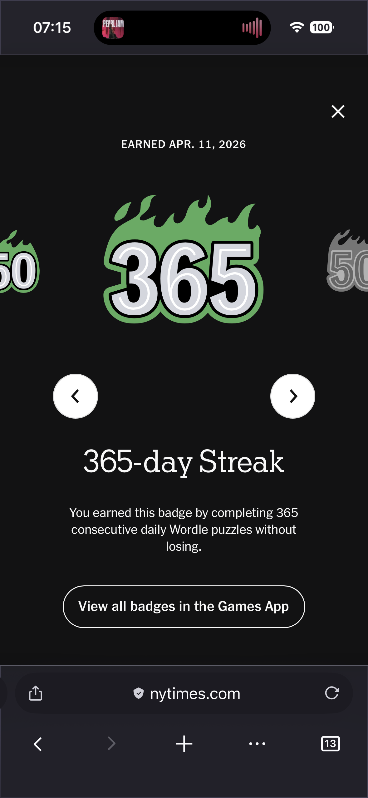 A screenshot of a digital badge displaying a 365-day Streak for completing a year of consecutive daily Wordle puzzles without losing.