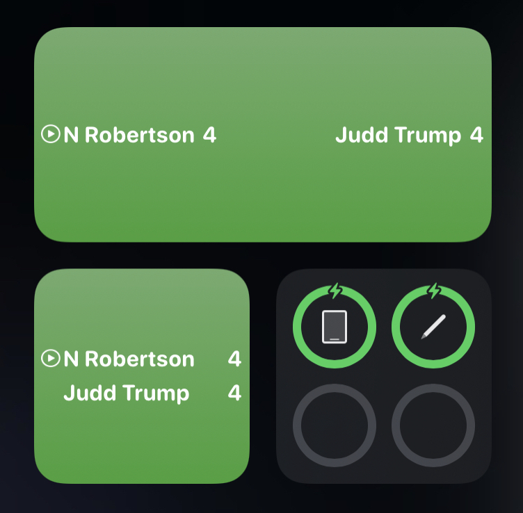Alt: Snooker scores Neil Robertson – Judd Trum 4:4, displayed as a small and a medium widget.