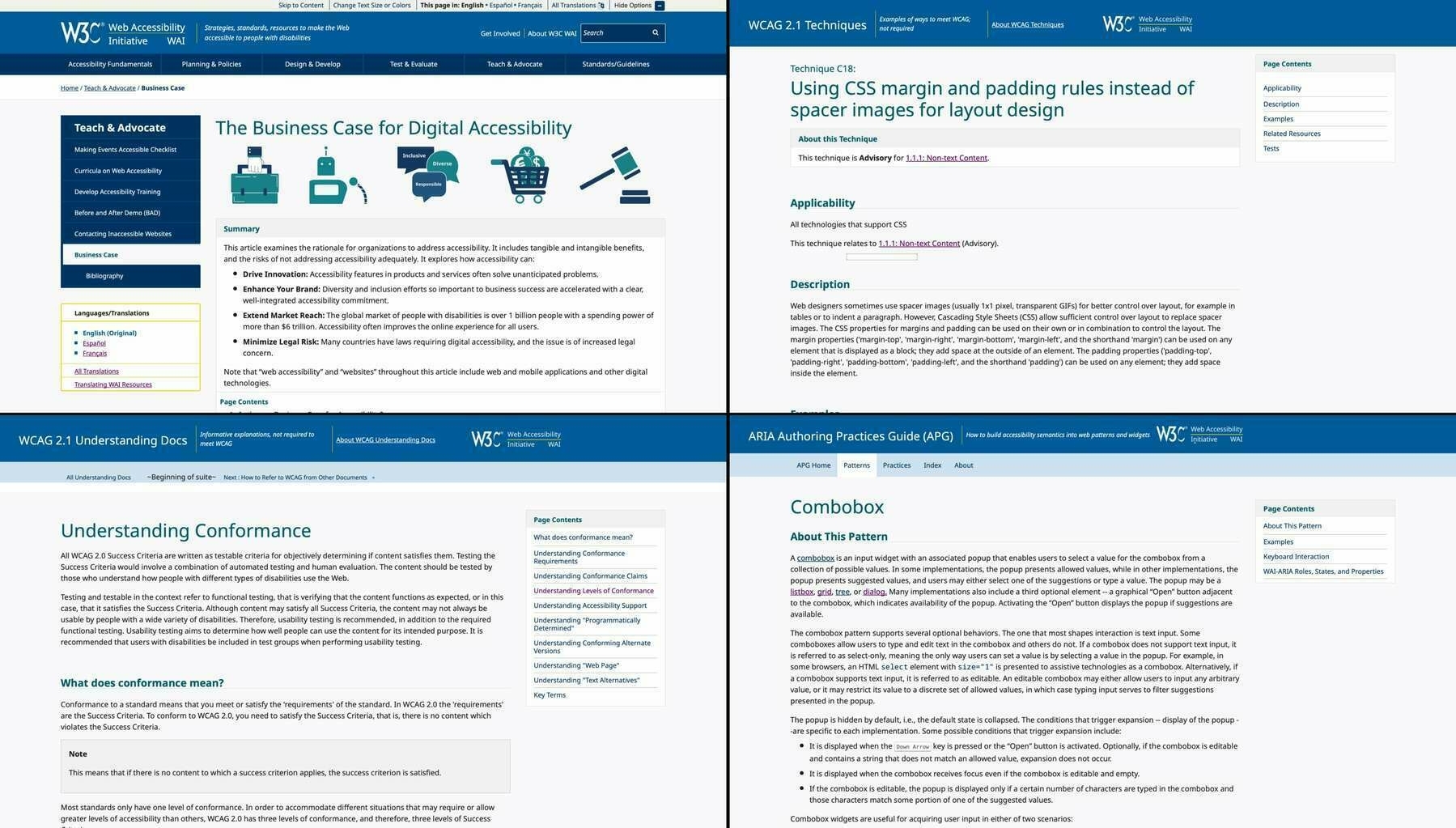 Collection of four screenshots of the WAI website, which have all the same base for design, but look completely different. Sometimes the logos are on the top left, sometimes on the right. Sometimes the navigation is on dark blue, sometimes on light blue, sometimes non-existent. Text is sometimes structured in a similar way and sometimes not. The table of contents is on the rihgt side in some instances, other instances have left navigation to the rest of the site. Spacing is all over the place and inconsistent.