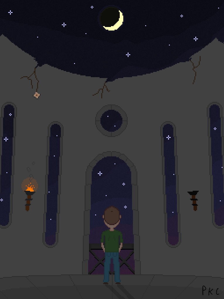 pixel art. man facing out open door in decaying stone tower, looking at night sky full of stars
