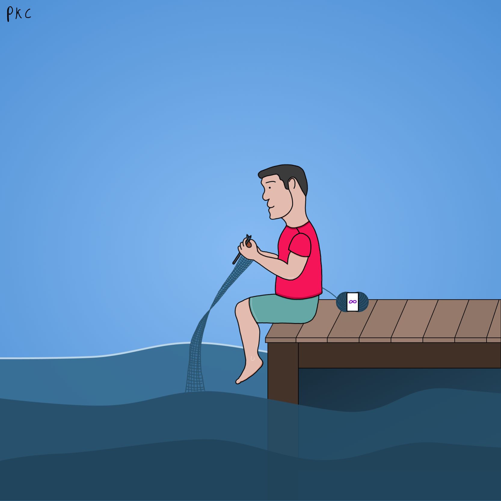 spouse-man sitting on a dock, knitting into the ocean