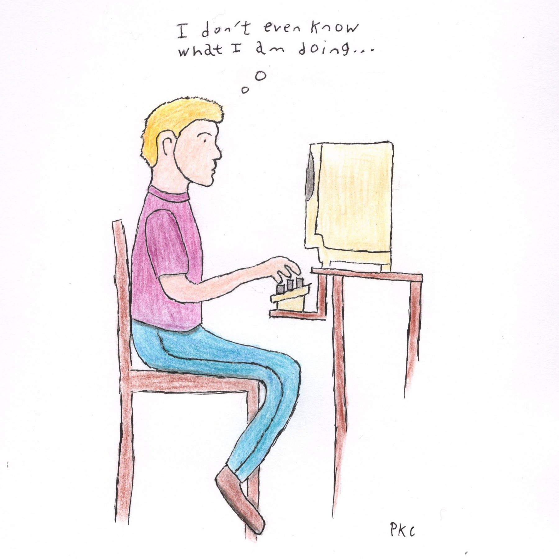blond man sitting at computer: I don't even know what I am doing