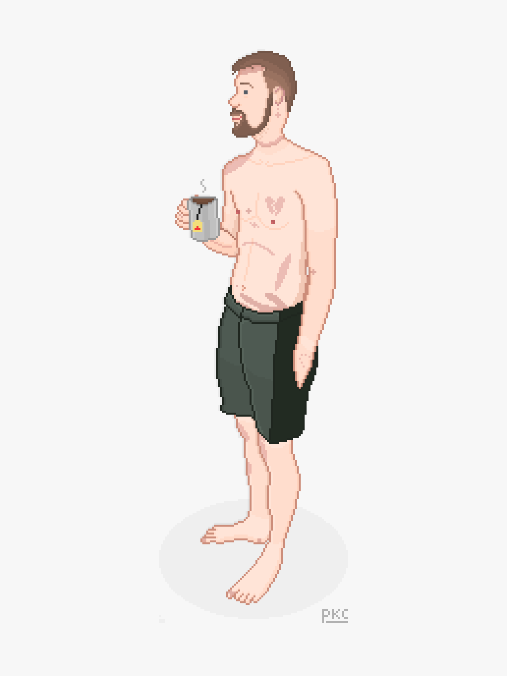 Me, relaxed, holding a cup of tea, mostly nude, with my scars visible