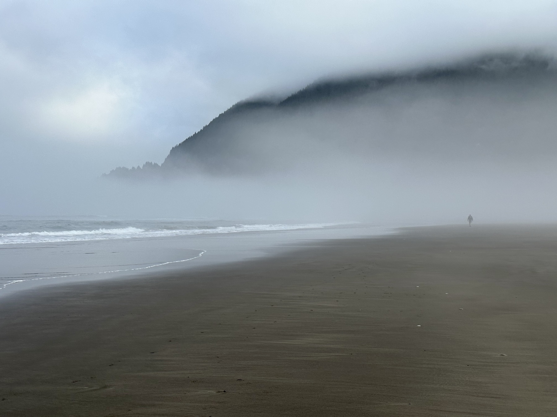 Pacific coast, with mountain in background mostly obscured by clouds, one solitary human figure visible in the mist.