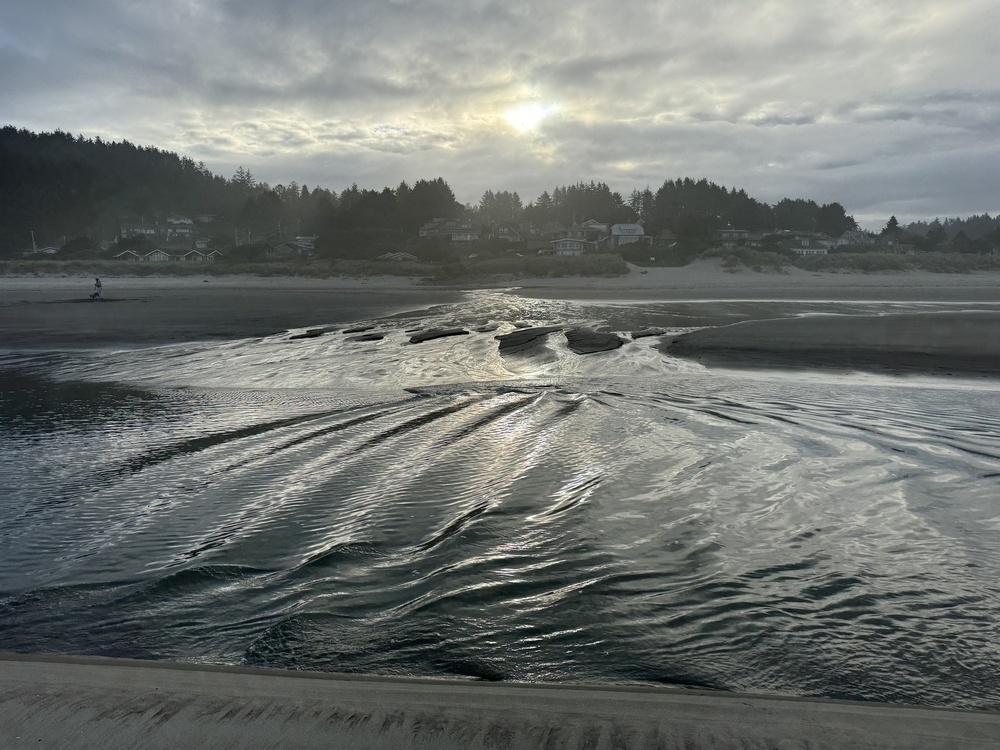 Ocean waves colliding with the reflected waves of a beach creek, in a gorgeous pattern.  