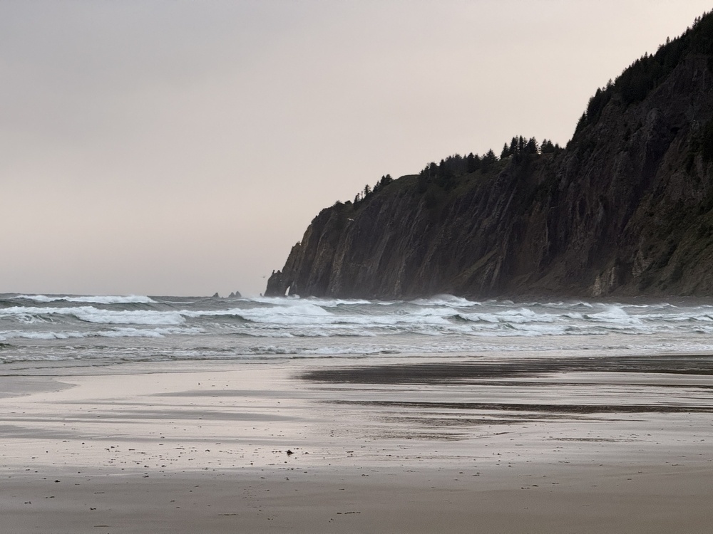 Pink gray morning sky with mountain and ocean waves. 