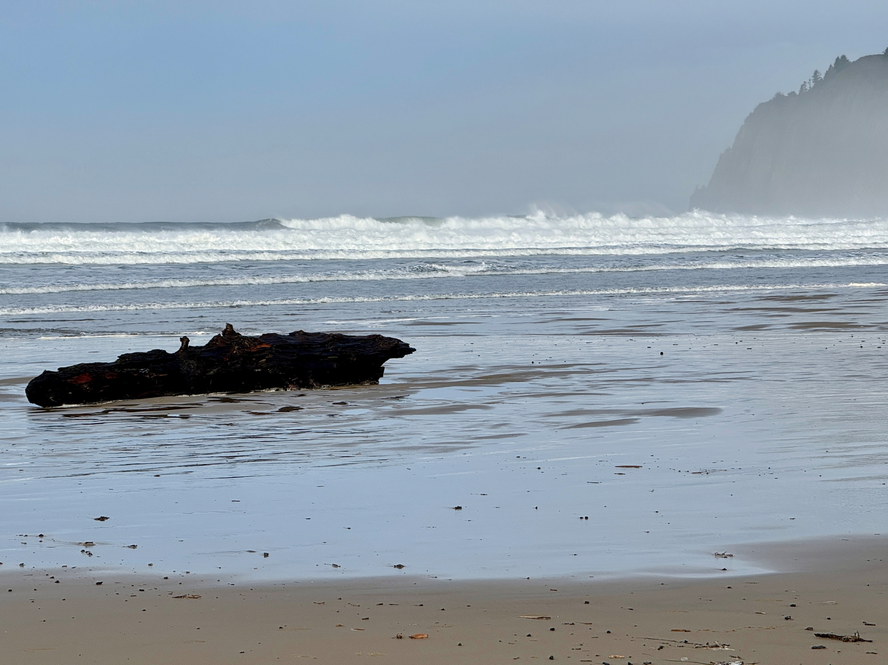 Large log on the beach, big waves and a mountain cliff in the background.