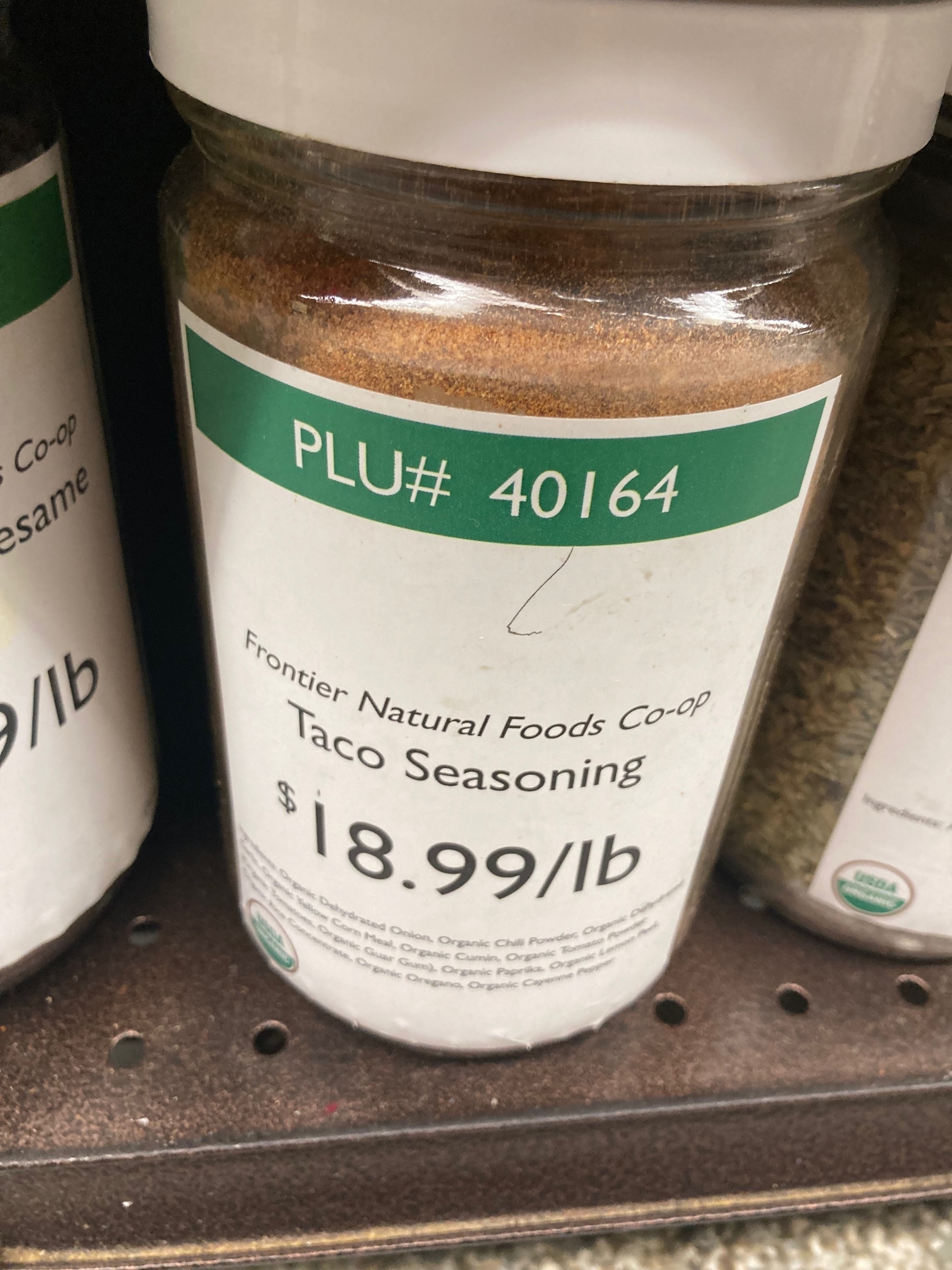 Big glass jar of bulk taco seasoning ($18.99/pound)