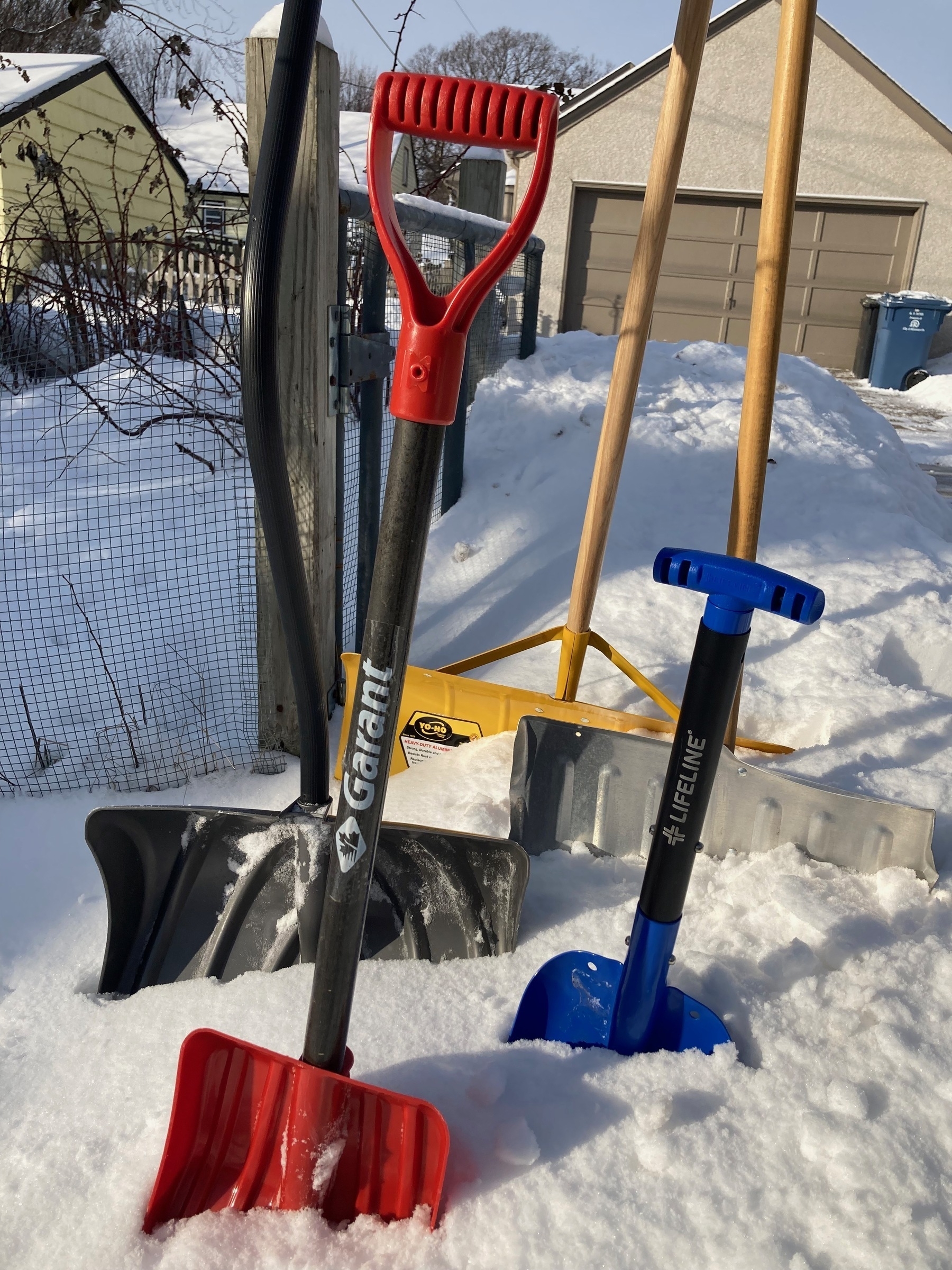 Five snow shovels in various colors and sizes