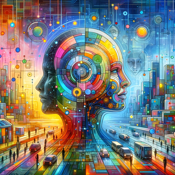 Image by DALL·E - An abstract and surrealistic representation of 'the many faces of AI' in a busy city environment. Bright colors dominate the scene. Human and robotic.