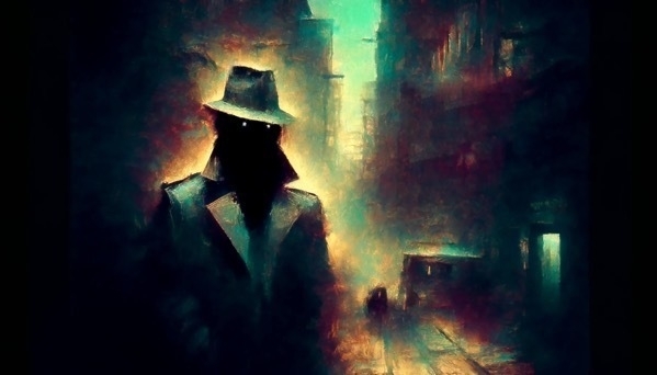 Impressionistic image of a dark alley in a gritty city. A shadowy figure in a hat and trench coat lurks as if waiting for his next victim. The colors are dark and muted, creating a moody and foreboding atmosphere. 