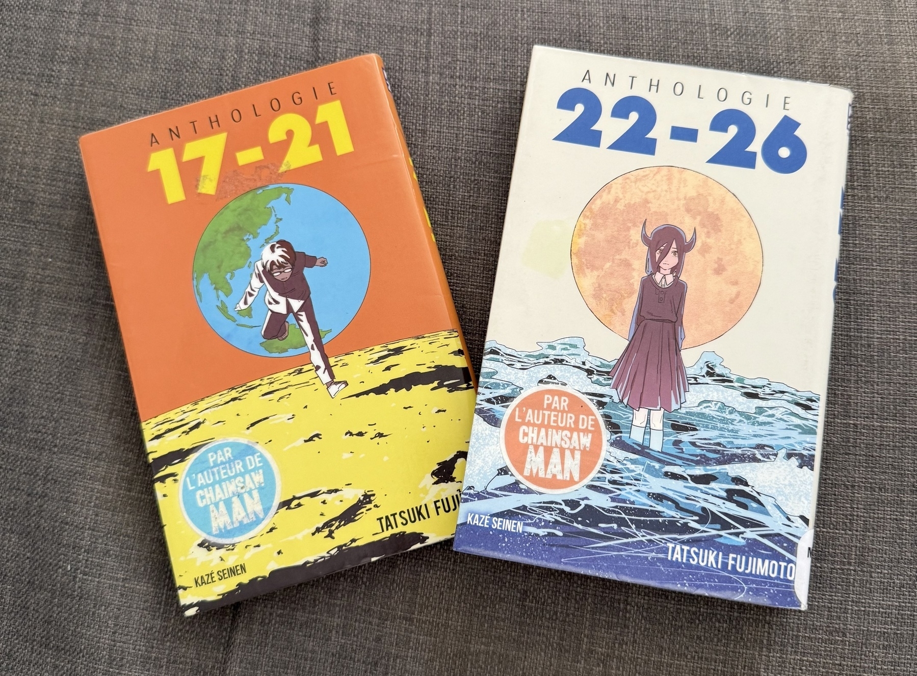 The image shows two anthologies titled “Anthologie 17-21” and “Anthologie 22-26” by Tatsuki Fujimoto, who is known as the author of “Chainsaw Man”.