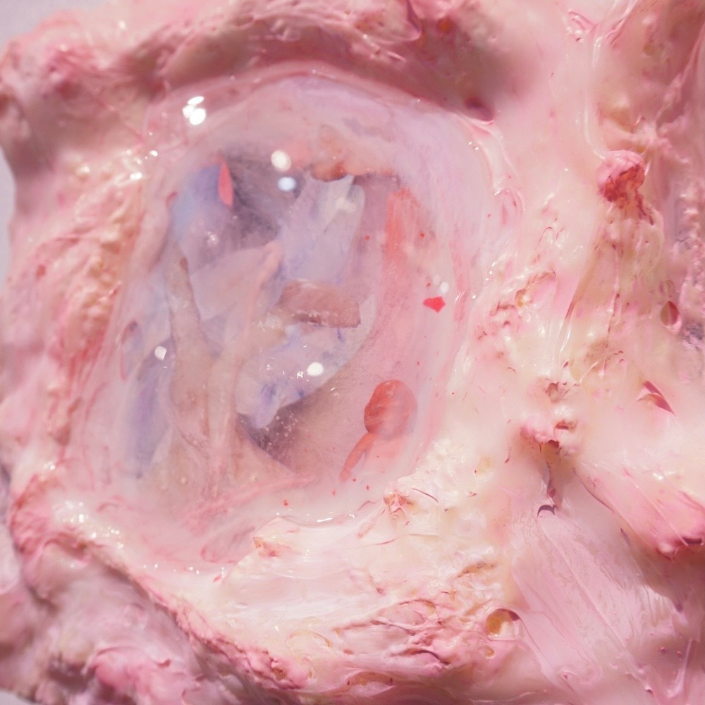 A pink, fleshy, and glossy surface features a translucent, bubble-like area with abstract, colorful shapes inside.