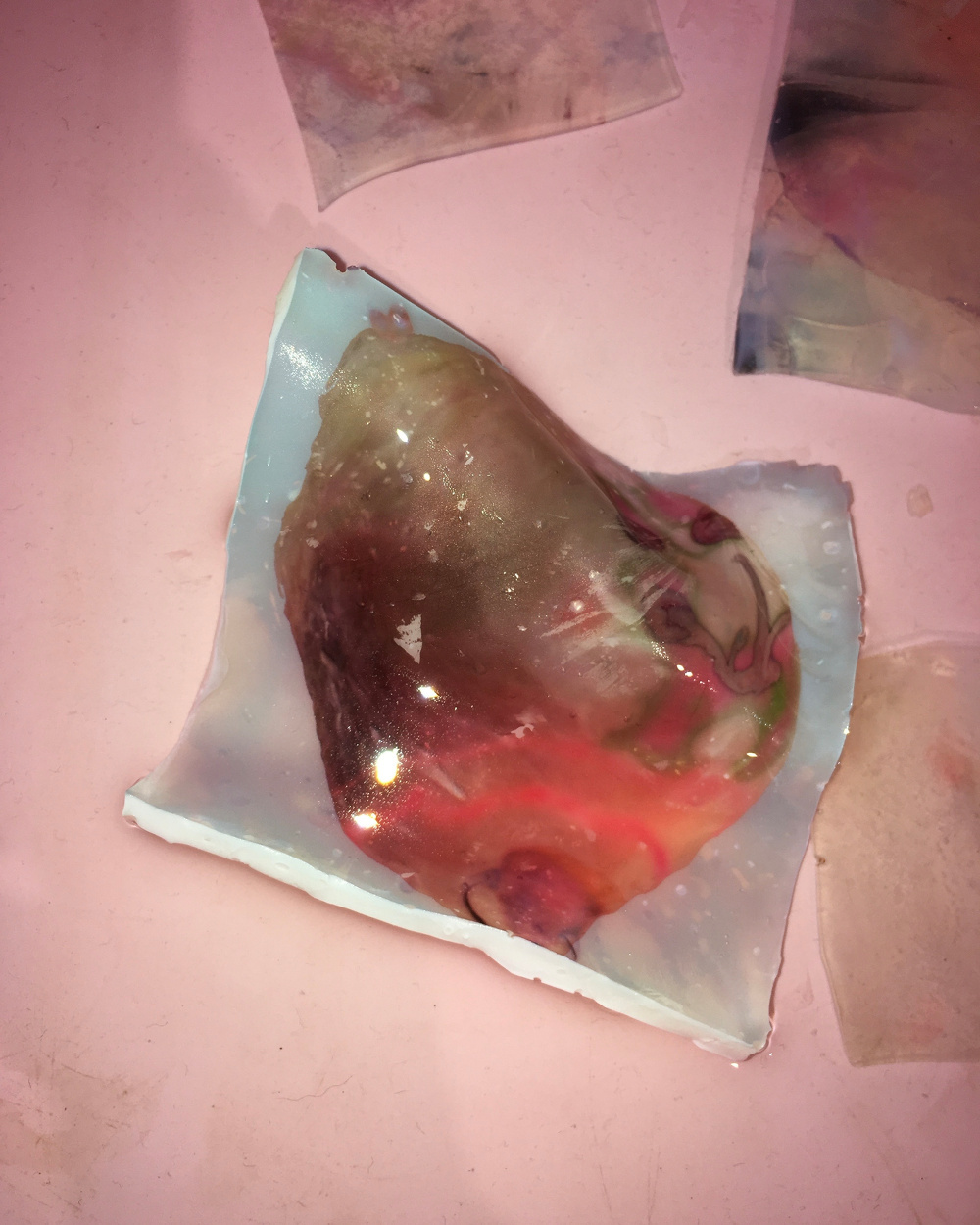 A piece of translucent, irregularly shaped gelatinous material with colorful patterns on a pink surface.