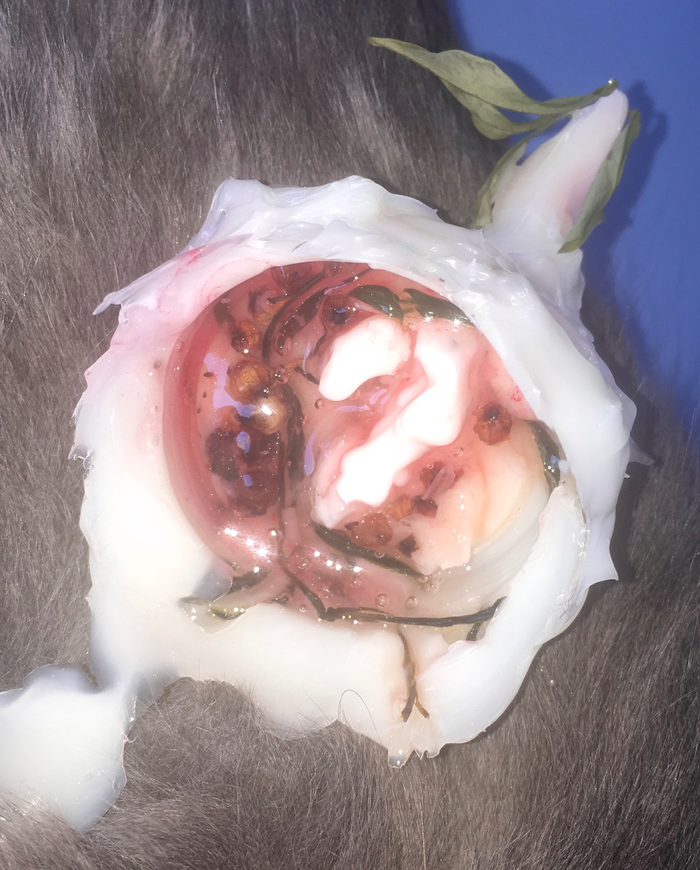 A partially melted candle shaped like a rose, with white and pink wax, rests on a furry surface.