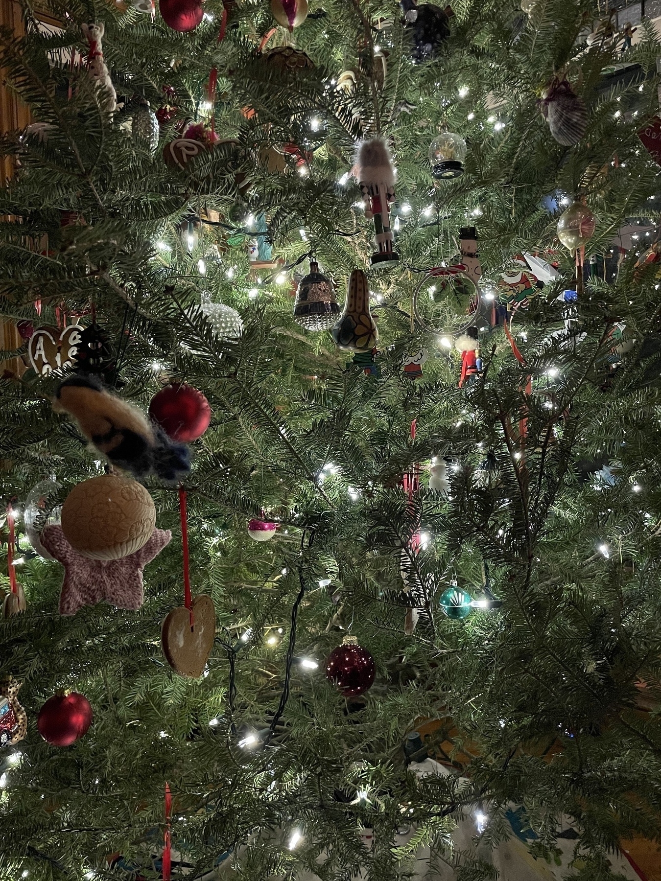 Close-up of a Christmas tree with lights and ornaments 