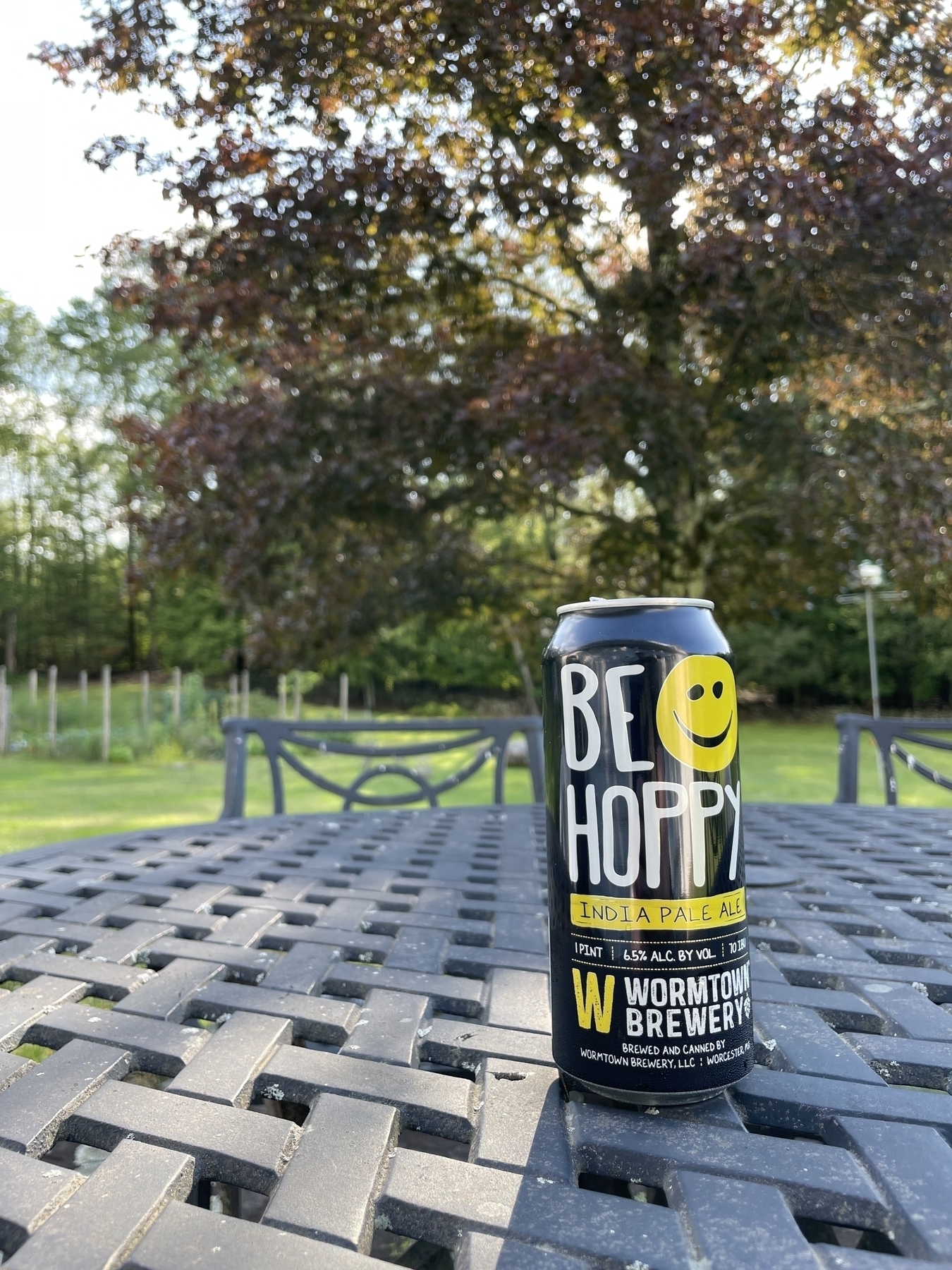 A can of IPA on a table, tree and garden in the background 