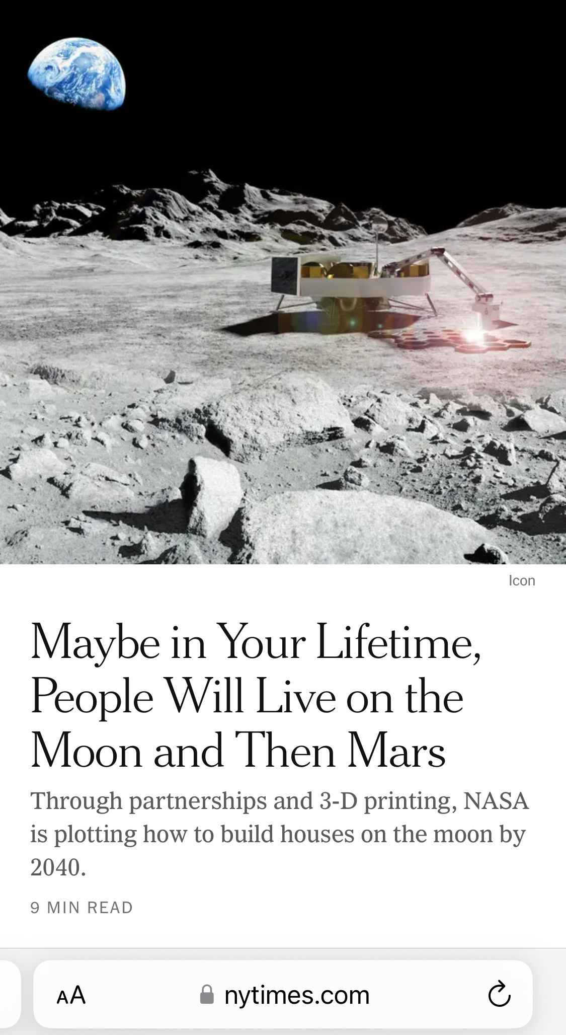 Screenshot of NYT article about how maybe people will live on the moon and then on Mars