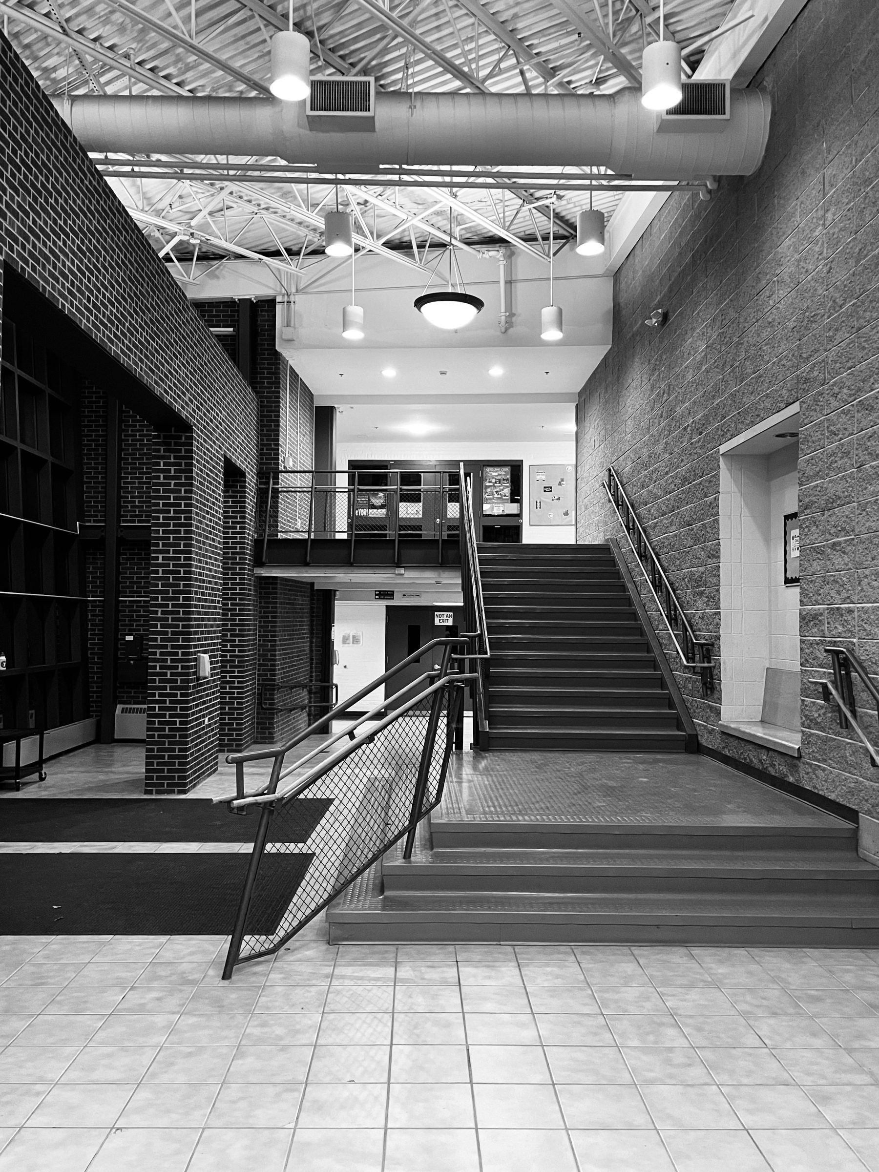 Stairs in the gym lobby at Greenfield Middle School