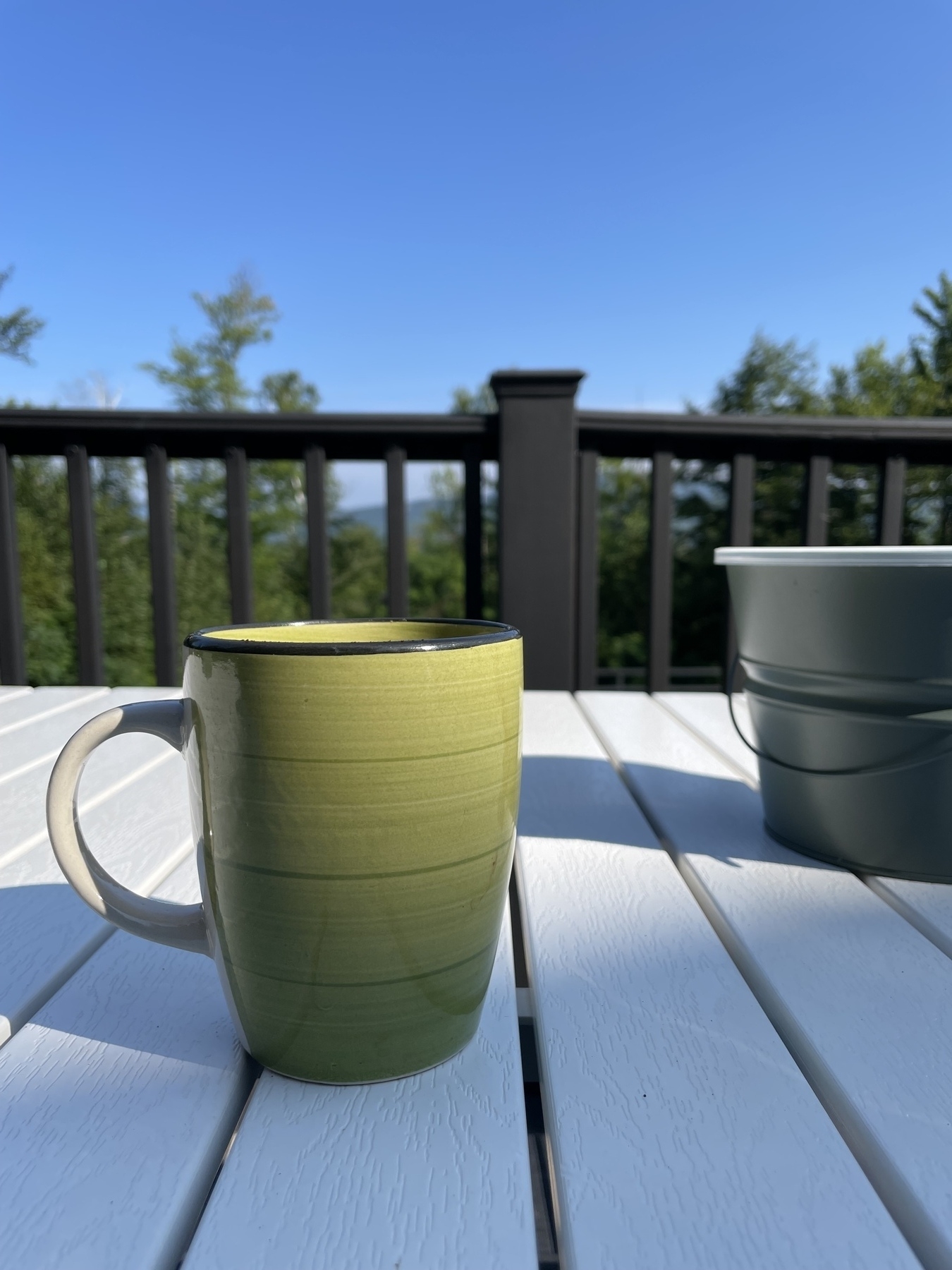 Coffee mug on a porch table