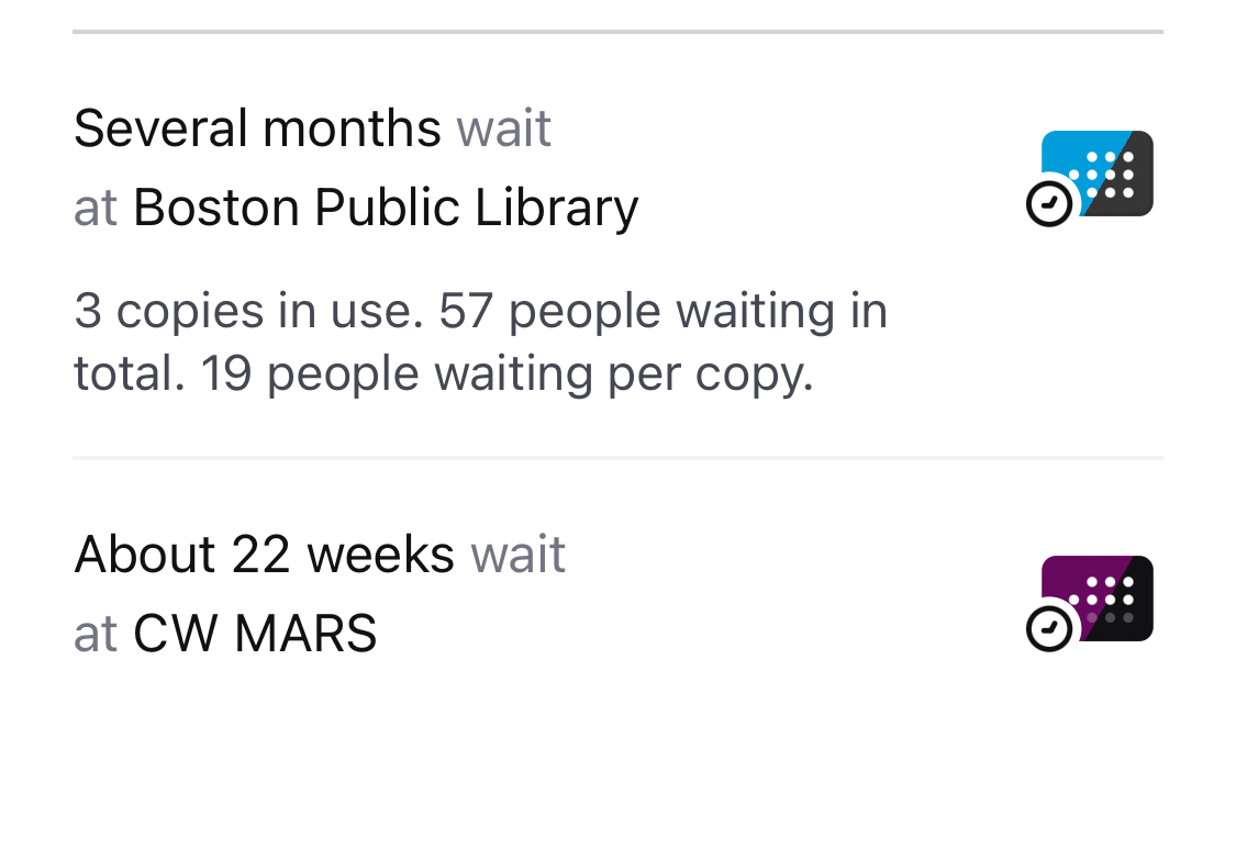 Screenshot of wait times in my libraries’ Libby app