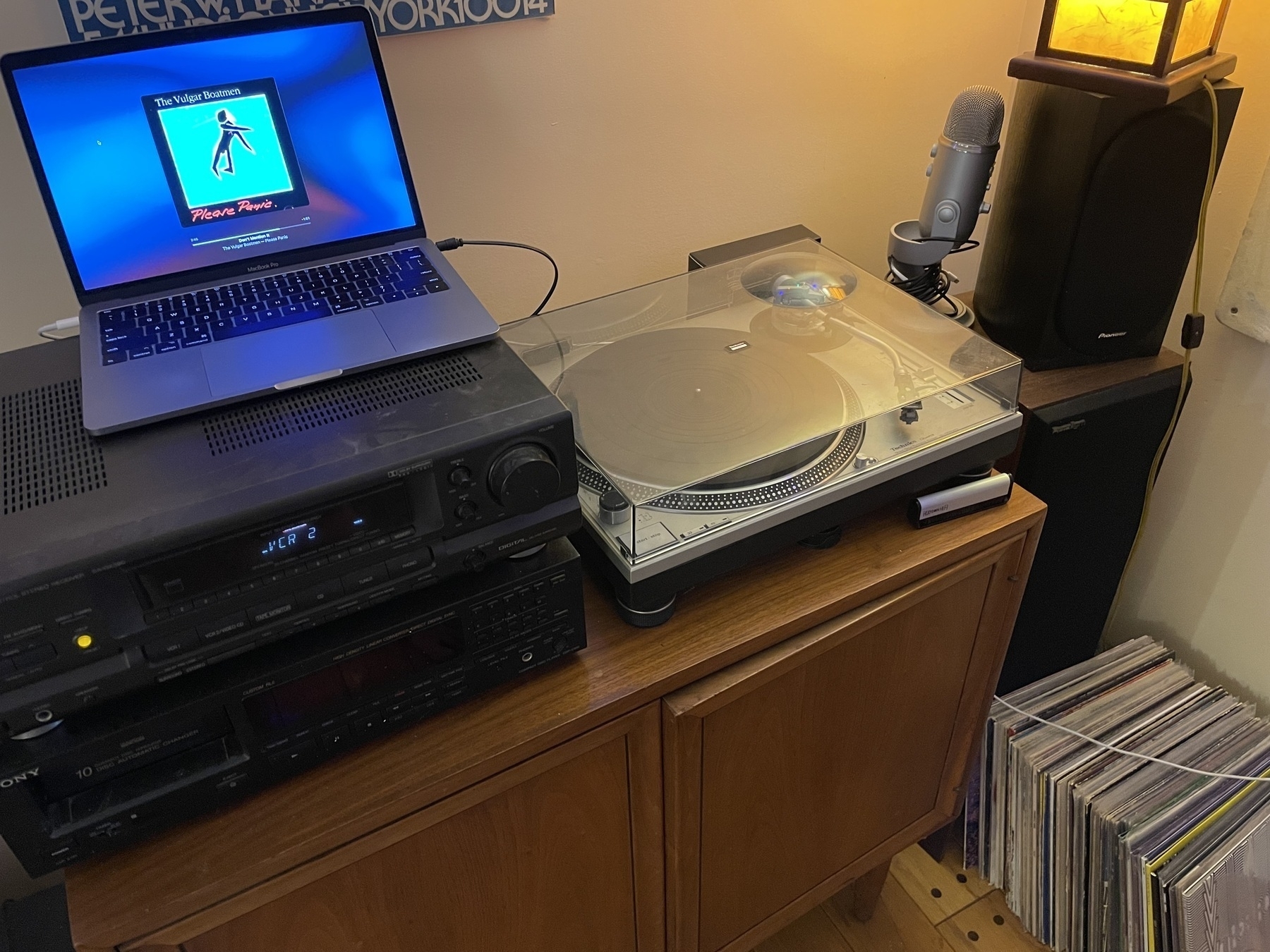 laptop connected to old amp and speakers in my basement