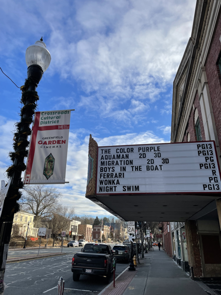 Movie theater marquee and lamppost on Main Street in Greenfield, MA