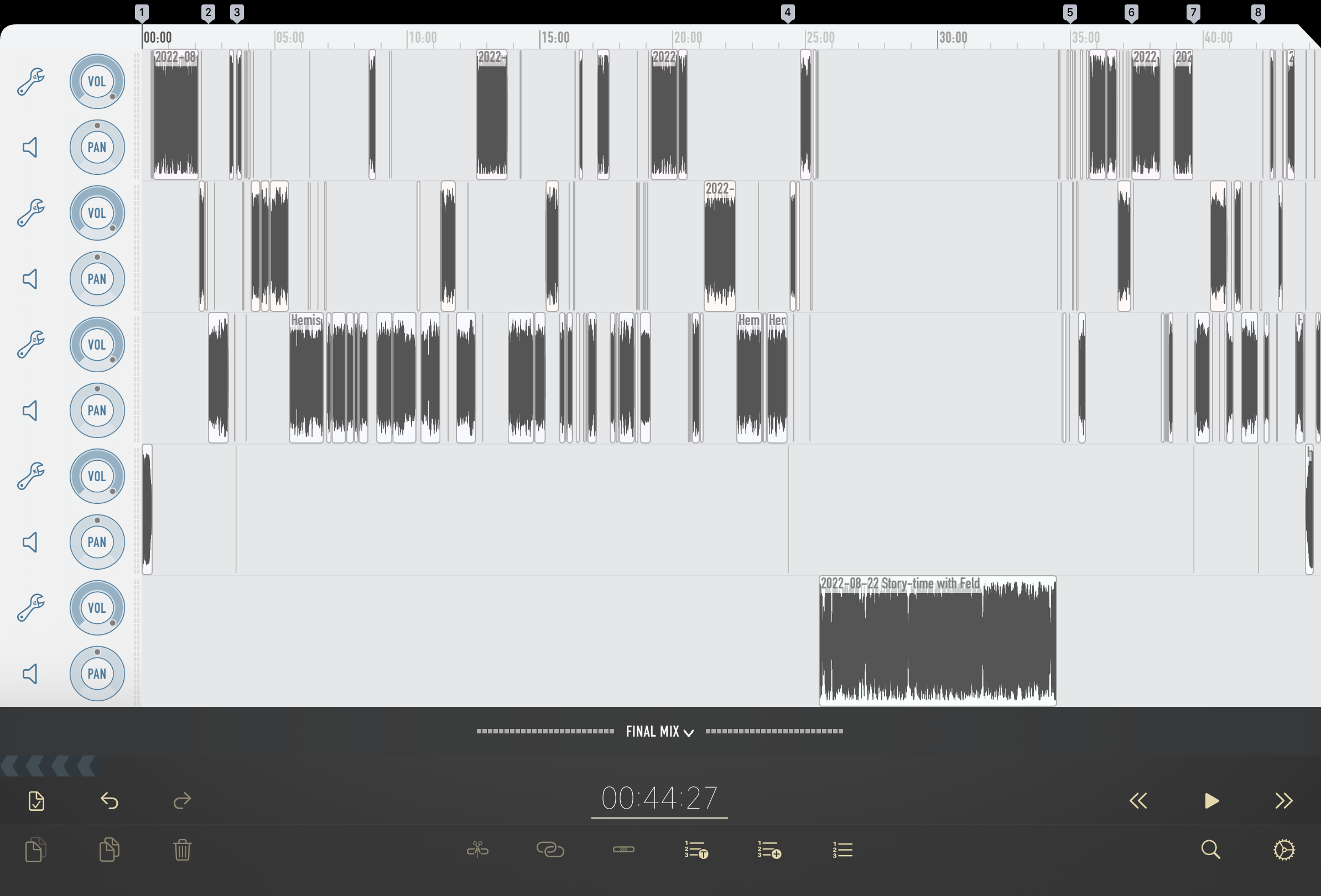 A screenshot of Ferrite Recording Studio for iPad, with five tracks on a timeline