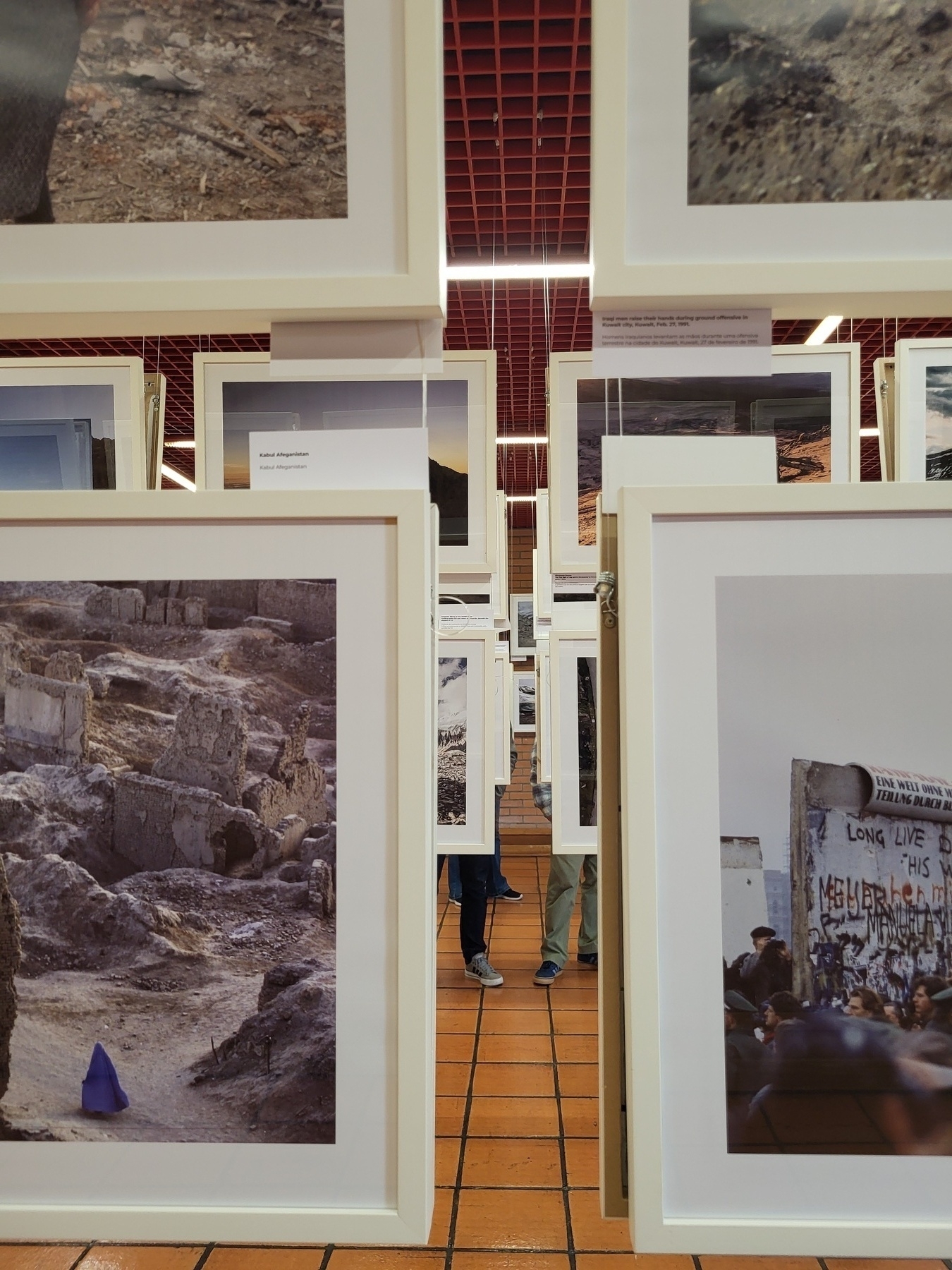 Framed photographs are hanging in a well-lit gallery space with visible flooring and ceiling tiles.