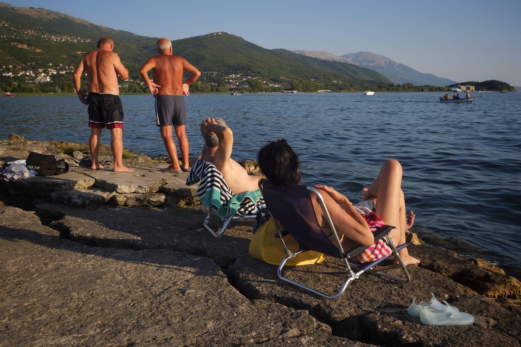 Beach goers by the waterfront in Ohrid 